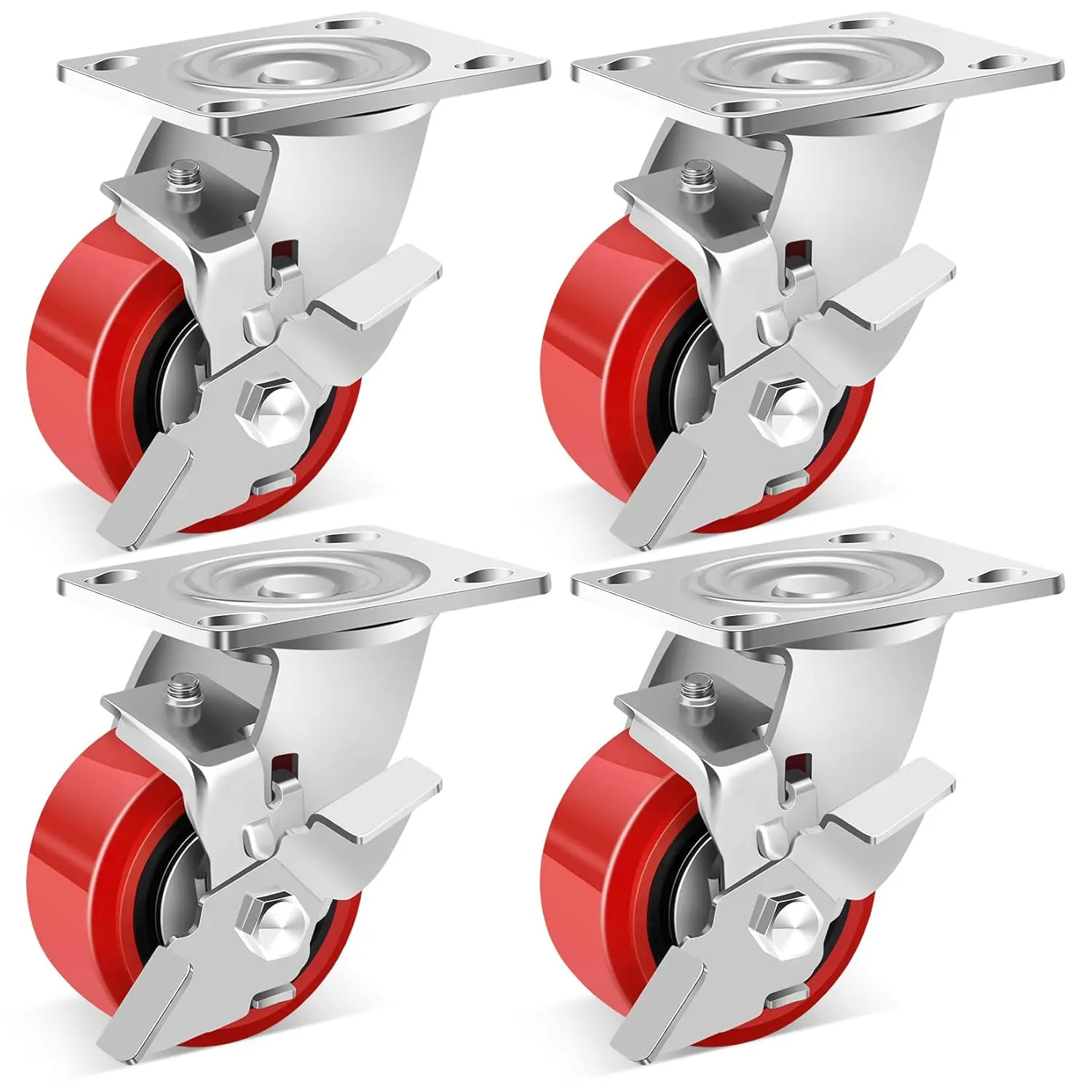4 Inch Heavy Duty Casters Wheels, Industrial Grade Polyurethane Casters Set of 4 with Dual Ball Bearing, Solid Polyurethane Wheel 2500 Lb, Plate Swivel Casters for Cart, Industrial, Machine