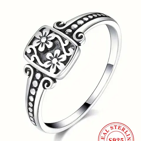 S925 Sterling Silver Vintage Style Flower Design Ring, Fashion Jewelry for Women, Jewelry for Party, Daily Decor, Everyday Ring, Birthday Gift, Vintage Embossed Ring, Beautiful Rings
