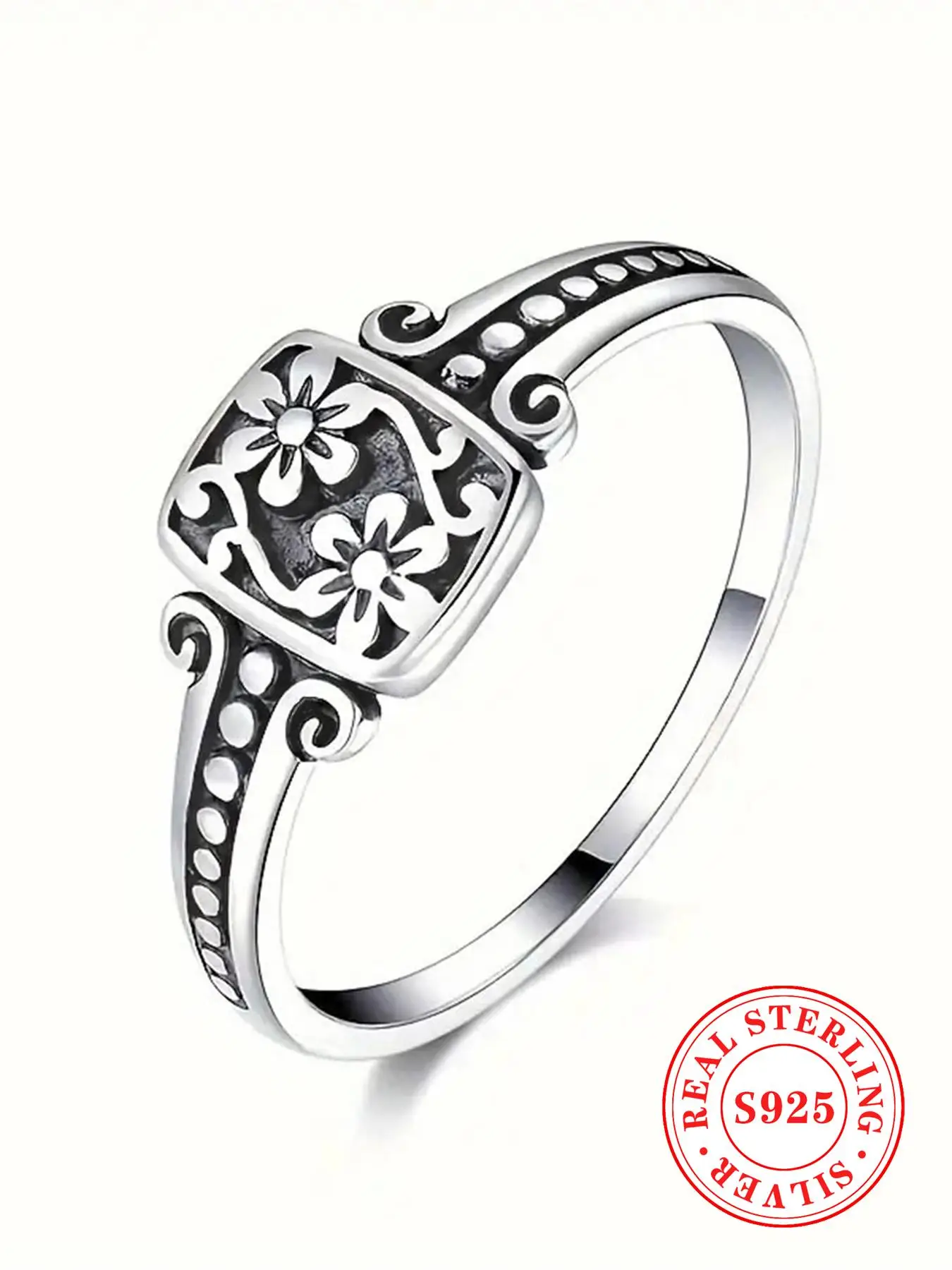 S925 Sterling Silver Vintage Flower Design Ring, Valentine's Gifts for Her, Fashion Jewelry Accessories for Women, Elegant Jewelry for Party, Daily Cl