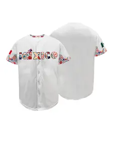 Mexico Floral Baseball Jersey, Unisex White Stitched Button-Down Uniform, Breathable Comfortable Ethnic Style Sports Shirt