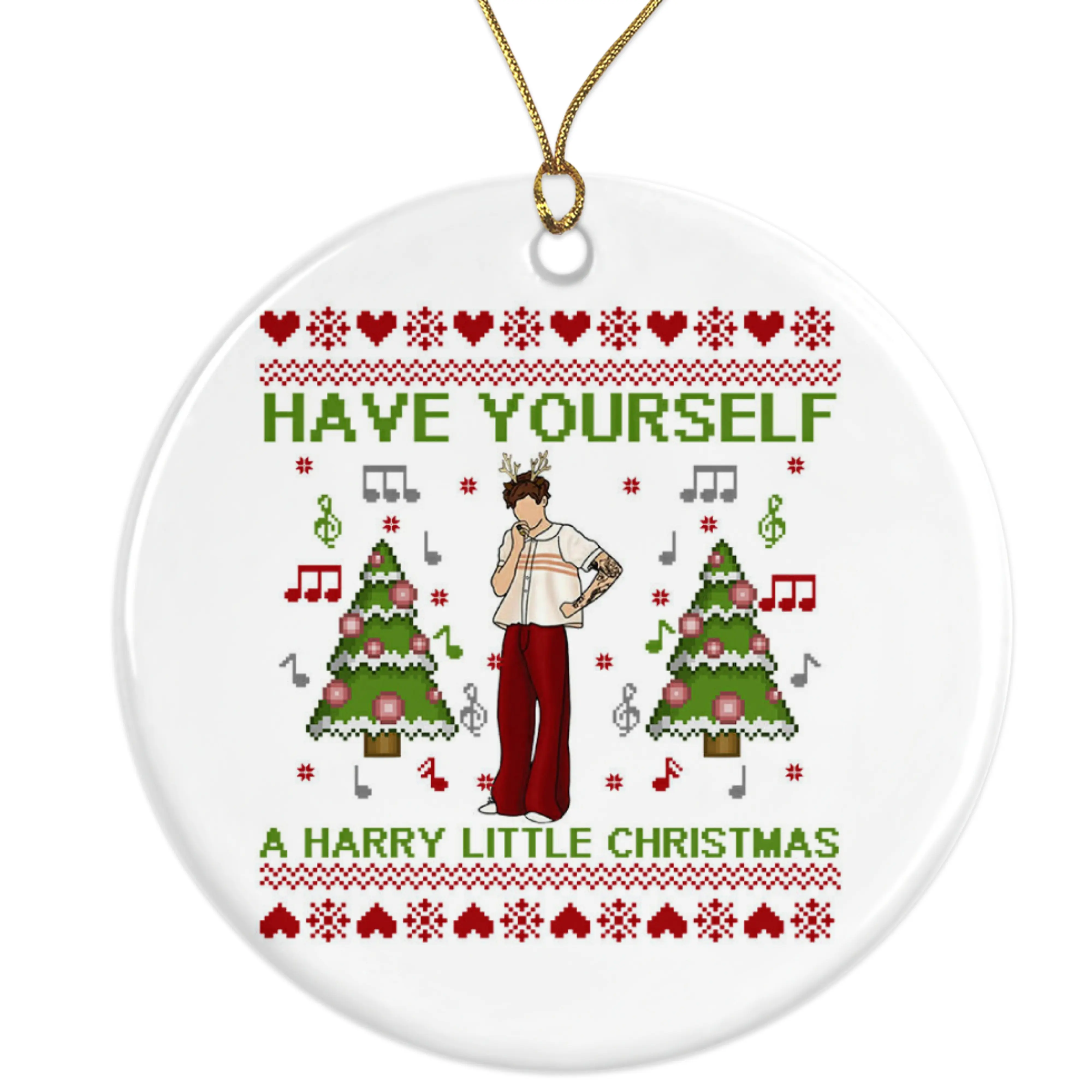 Have Yourself A Harry Little Christmas Ceramic Ornament - H Styles House Vintage Stich Ornament - 3 Inch Christmas Tree Round Ornament - Xmas Holiday Decor - String Included - ORNW0111
