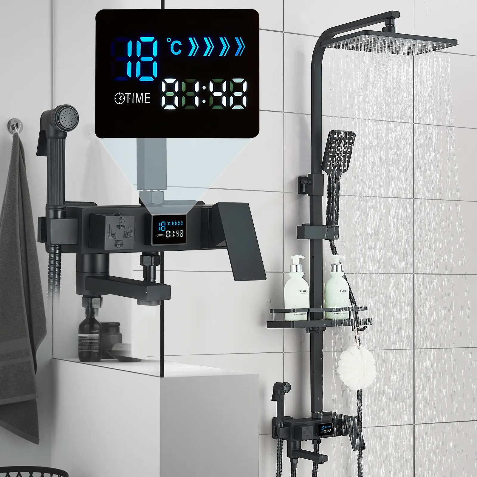 Exposed Bathroom Shower Faucet Set Shower Fixture Rainfall Shower Head Handheld Shower Single Handle Wall Mount 4 Functions Shower System LCD Display