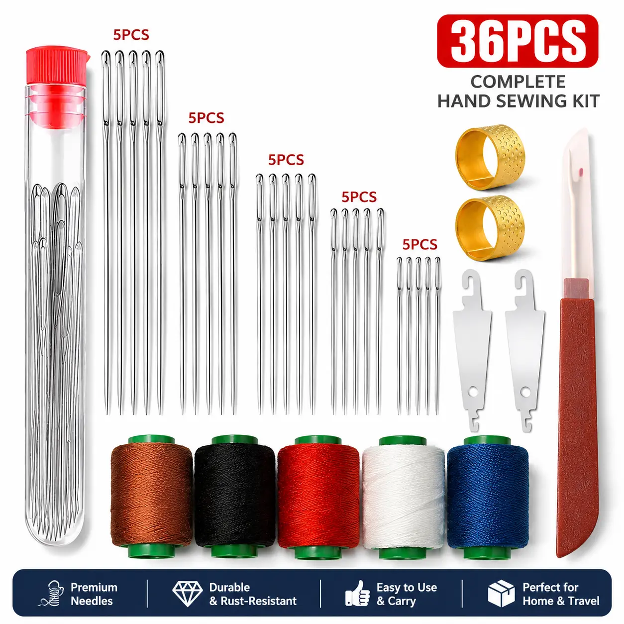 36PCS Multi-Purpose Sewing Tool Set, Stainless Steel Hand Sewing Needles Kit with Thread and Threader, DIY Hand Repair Sewing Supplies