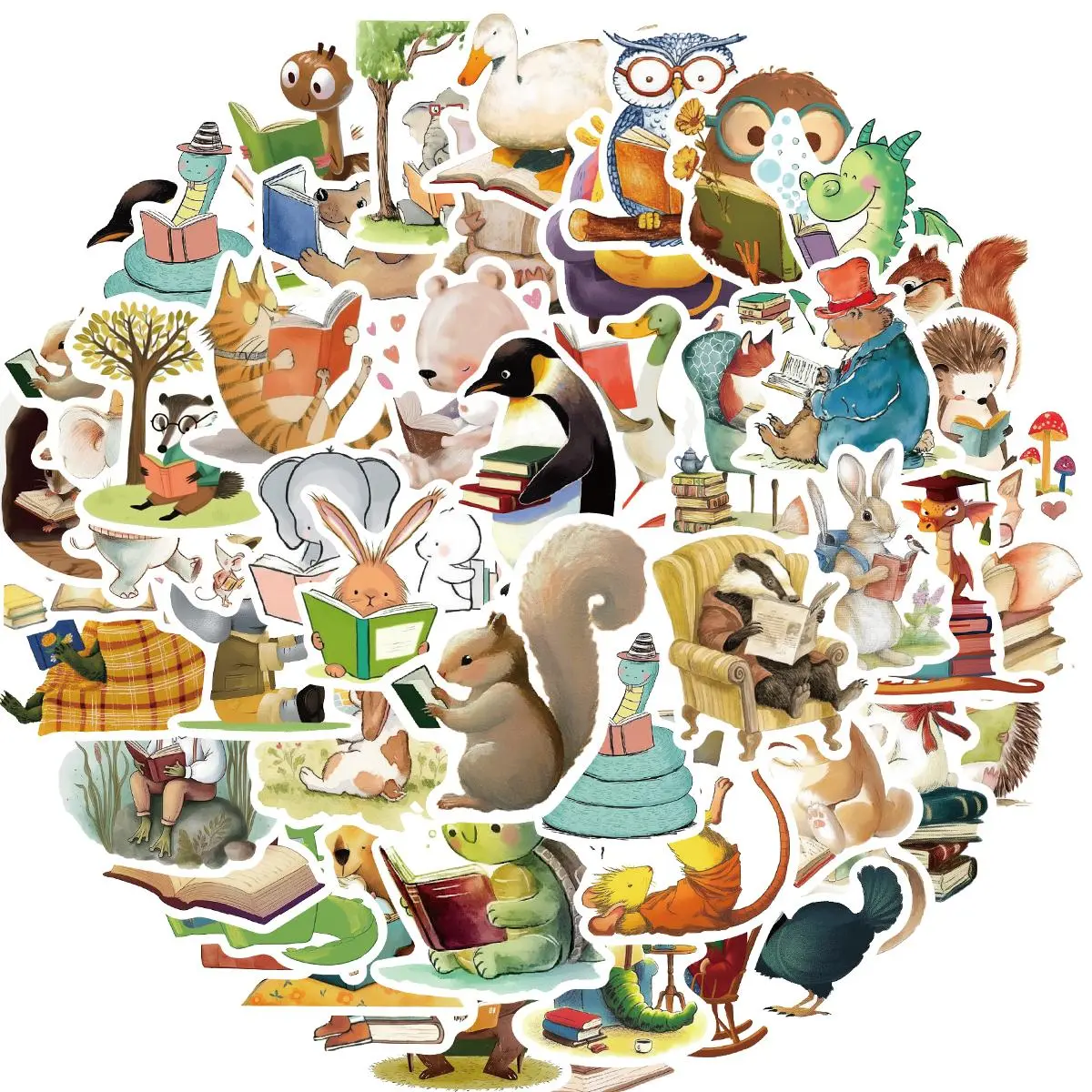 Animal & Book Pattern Sticker, 50pcs/set Round Reading Sticker, Bookish Stickers for Water Bottles, Library Stickers, Book Accessories for Reading Lovers, Decor