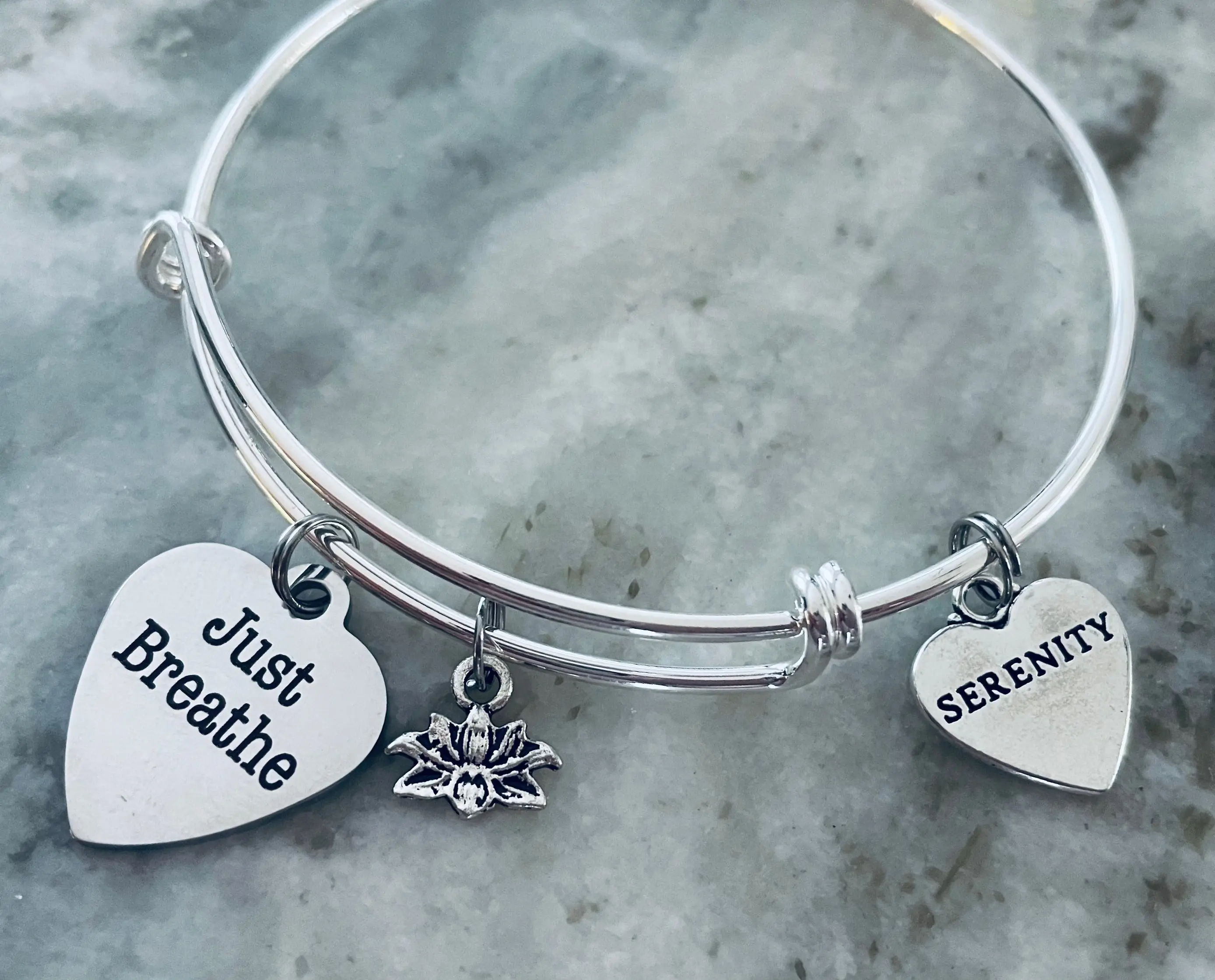 Just Breathe Heart Stainless Steel Charm with Lotus and Serenity on Silver Bracelet - Expandable Adjustable Wire Bangle Gift for Yoga and Meditation