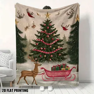 Comfortable Plush Christmas Santa Sleigh and Reindeer Flannel Throw Blanket for Sofa Bed Office or Travel Gift Idea