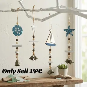 [1Pc] Mediterranean Wooden Wind Chime Pendant Handmade Starfish Sailboat Shell Sand Dollar Rustic Home Wall Hanging Decor Garden Ornament