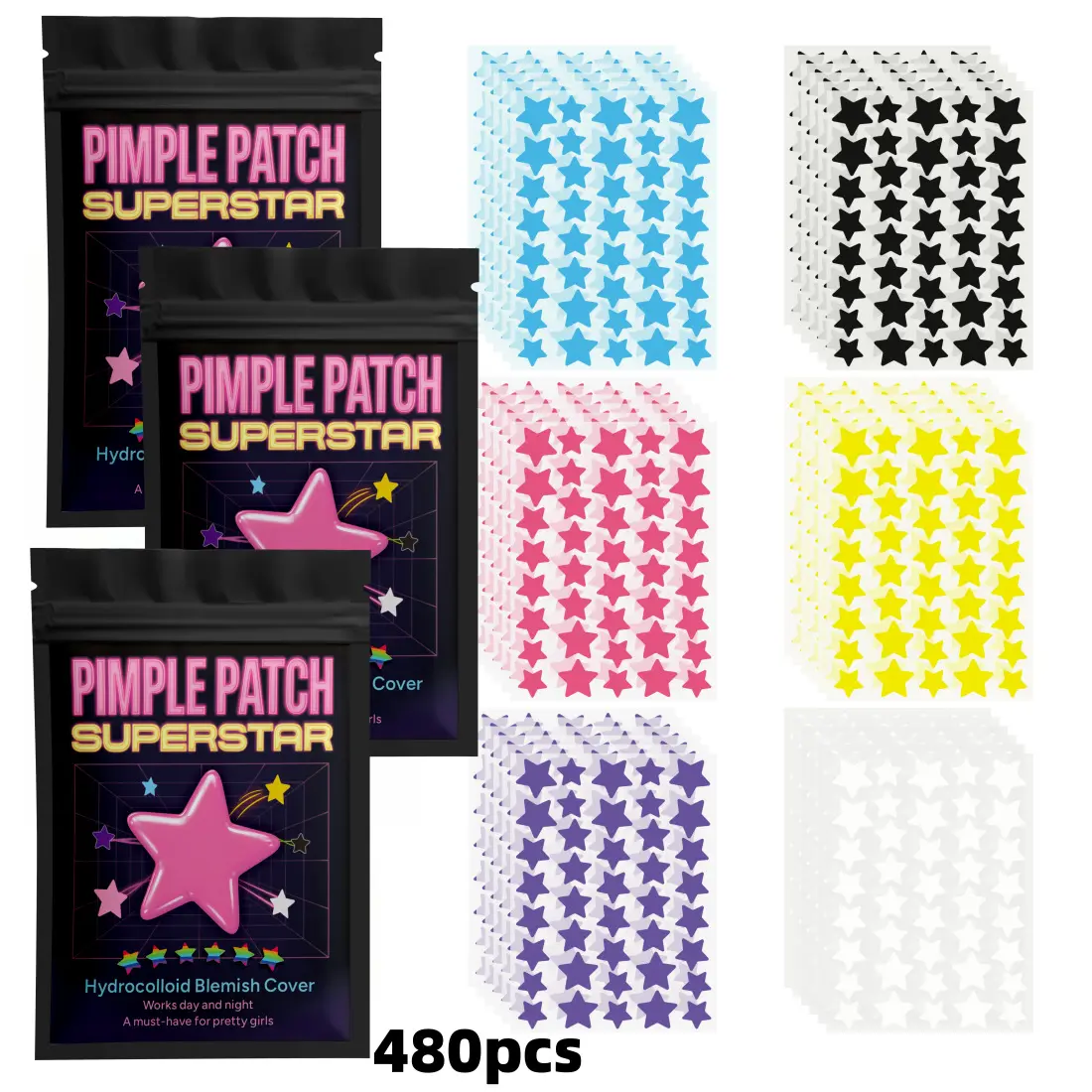 Hydrocolloid Star-Shaped Acne Patches for Face - Oily Skin Blemish Treatment - Overnight Healing Stickers for Teens with Cystic Acne Daily