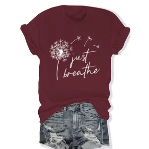 Just Breathe Dandelion Graphic Cotton T-Shirt, Cute Casual Crew Neck Outfit, Comfort Oversized Fashion Tee, Perfect Valentine's Day Holiday Gift For Her