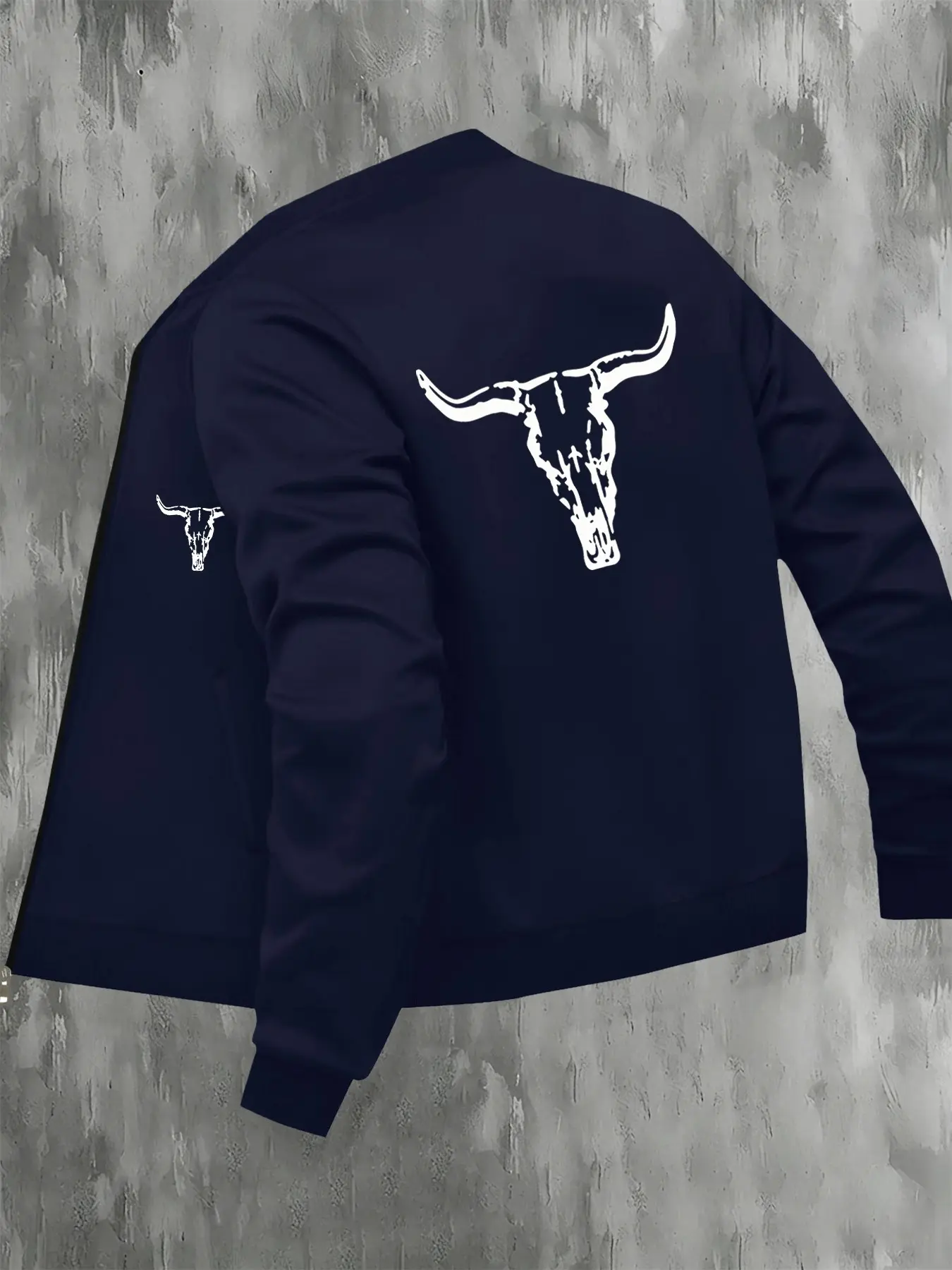 Men's Street Style Stand Collar Jacket, Long Sleeve, Bull Skull Print, Baseball Neck Design, Ribbed Hem + Zipper, Casual Fall & Winter Streetwear Outerwear, Casual Fitted Jackets, Navy Blue