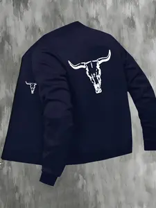 Men's Street Style Stand Collar Jacket, Bull Skull Print, Baseball Neck Design, Ribbed Hem + Zipper, Casual Fall & Winter Outerwear