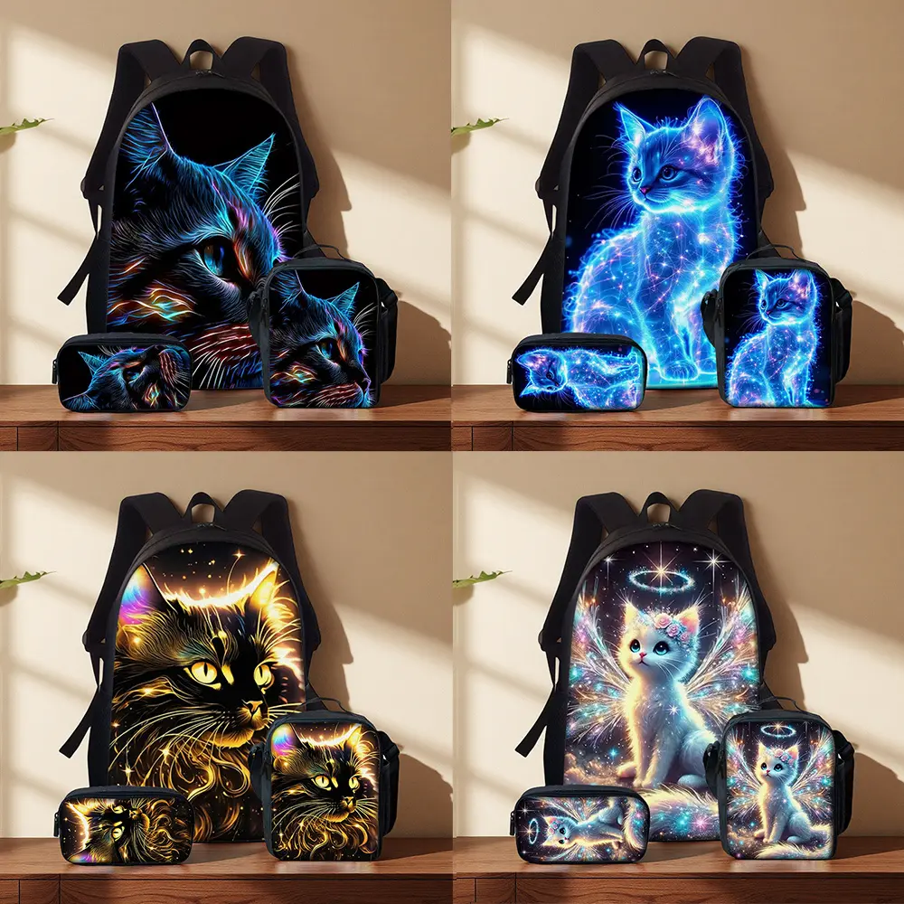 Neon Galaxy Cat 3-Piece Backpack Set, Glowing Blue Kitten Print School Bag + Lunch Bag + Pencil Case, Oxford Cloth Adjustable Strap Daypack for Animal Lovers & Kids