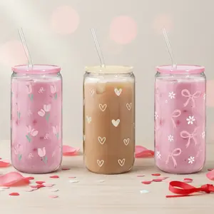 Sandjest 16oz Clear Glass Cup with Straw & Lid, Iced Coffee Drinking Can Shaped Cups, Reusable Stylish Drinkware, Home Office Valentine Gift for Her