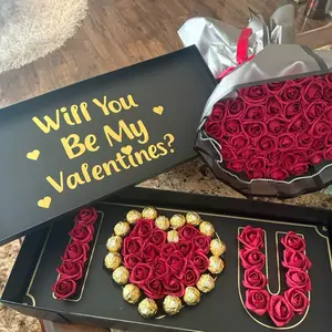 I Love U Box Valentine's Day Proposal Box with Pink Roses & Chocolate - 50 Count Bouquet for Special Moments