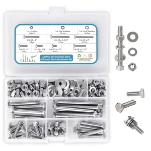 304 Stainless Steel Hex Bolt and Nut Assortment Kit, 180 count, 1/4-20 Thread, Multiple Lengths with Lock and Flat Washers