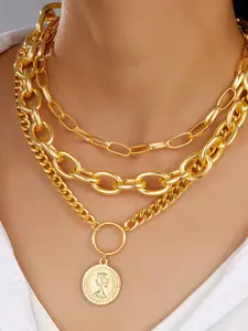 Bold Chunky Chain Portrait Relief Necklace Set, Three-Piece Women's Fashion Jewelry, Unique Design Trendy Accessories