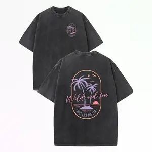 Men's Heavyweight 230g Washed Cotton T-Shirt, Retro Surf Style Tropical Beach Sunset Palm Tree Print, Light Pink & Orange Vintage Design,Loose Casual Crew Neck Short Sleeve, Soft Breathable Summer Top for Vacation & Daily Wear Menswear graphic tee t shirt