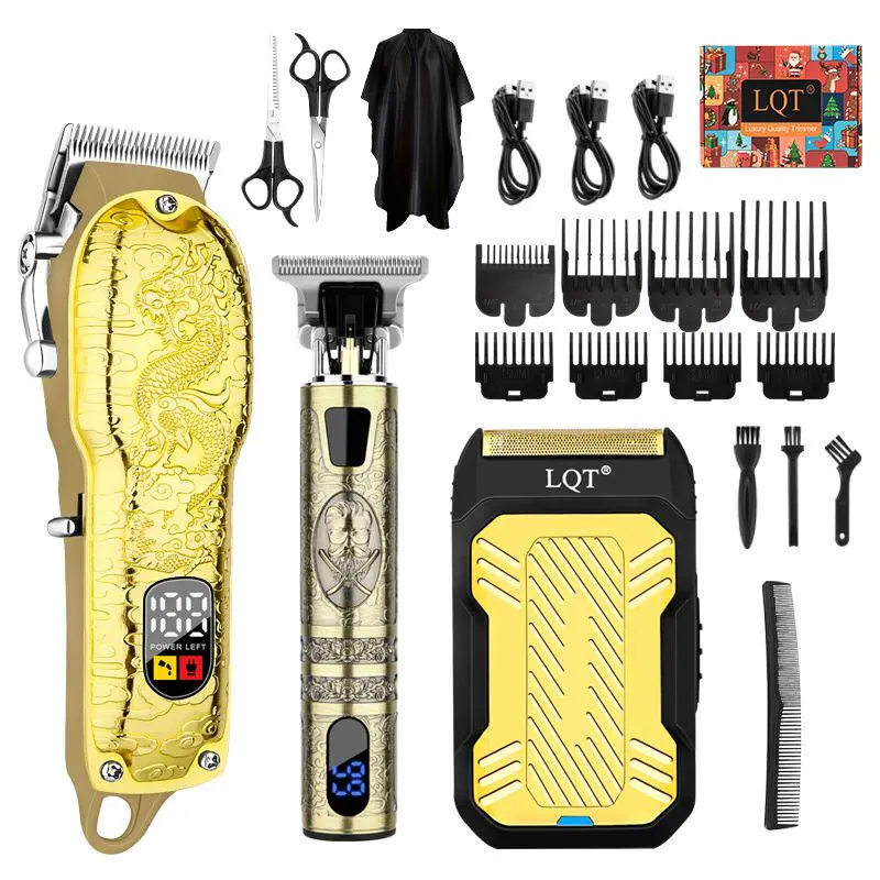 Professional Barber Hair Clipper Kit for Men, Gold Dragon Design Cordless Trimmer Set with LCD Display, Fade Clippers, Foil Shaver & Grooming Accessories