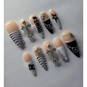 Edgy Swag Press-On Nails Cross Charm, Y2k Fashion SWAG Zebra Print Nails