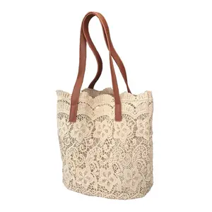 gift style Elegant Lace Handbag with Leather Handles for Shopping Traveling and Beach Strolling Perfect Holiday Gift for Family and Friends Mother's Day and Birthday Present casual