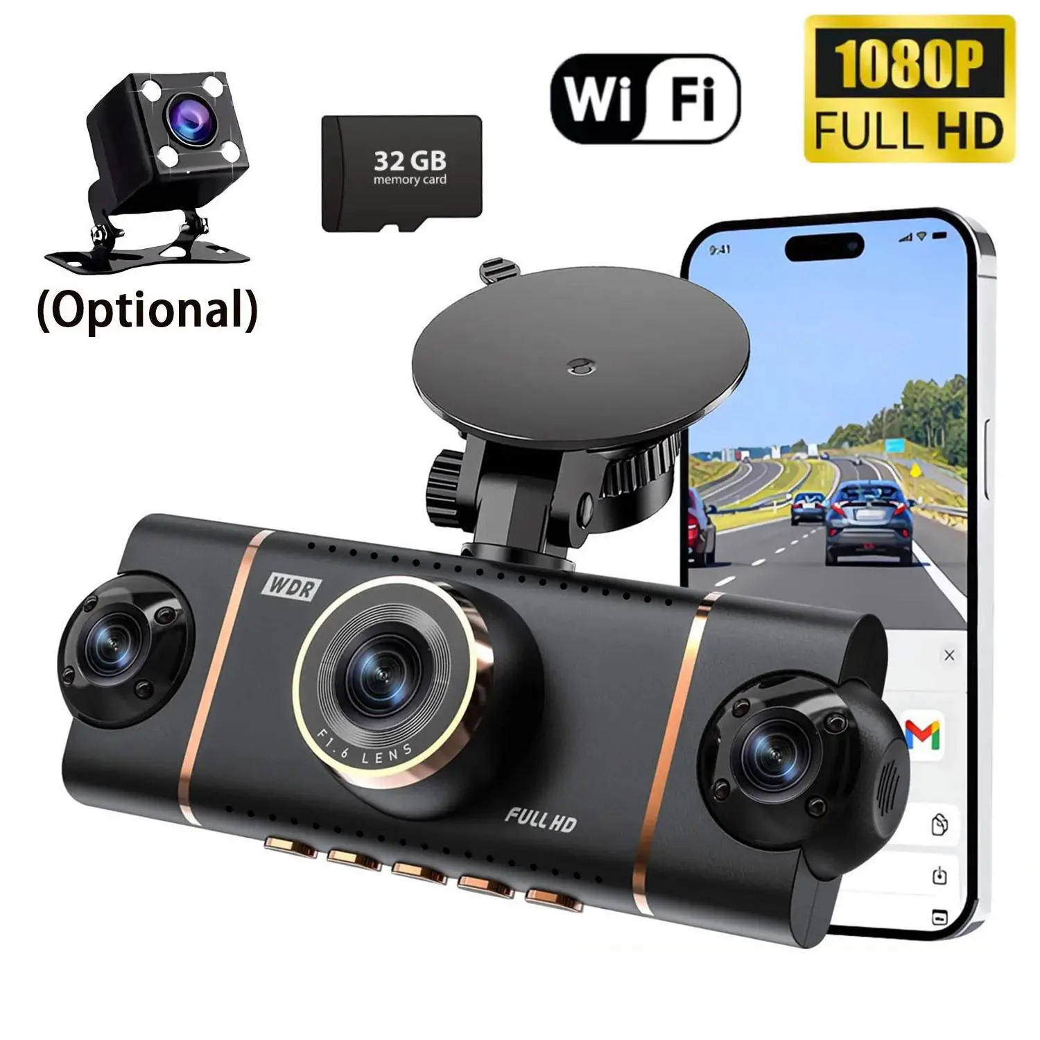 4 Channel Car Dash Cam，Multi-Channel 1080P Car Dash Cam，Includes 32GB Memory Card，2.0 Inch, Plug and Play，Car Video Surveillance with Night Vision， Car DVR Hd Screen Front Rear Left And Right dashcam，Gravity Sensor，Holiday Gift