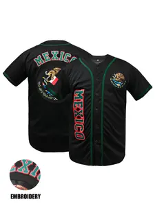High Quality Men's "MEXICO" Embroidery Baseball Jersey, Casual Breathable V Neck Short Sleeve Baseball Top for Training & Competition, Fashion Men's Sportswear for All Seasons, Baseball Shirt, Embroidered Baseball Jersey