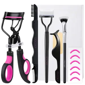 Professional Eyelash Curler Set: Includes eyelash curler, stainless steel lash and brow comb, precision false eyelash tweezers, and fan-shaped mascara wand, Creates curled and voluminous lashes—one set meets all your makeup needs.