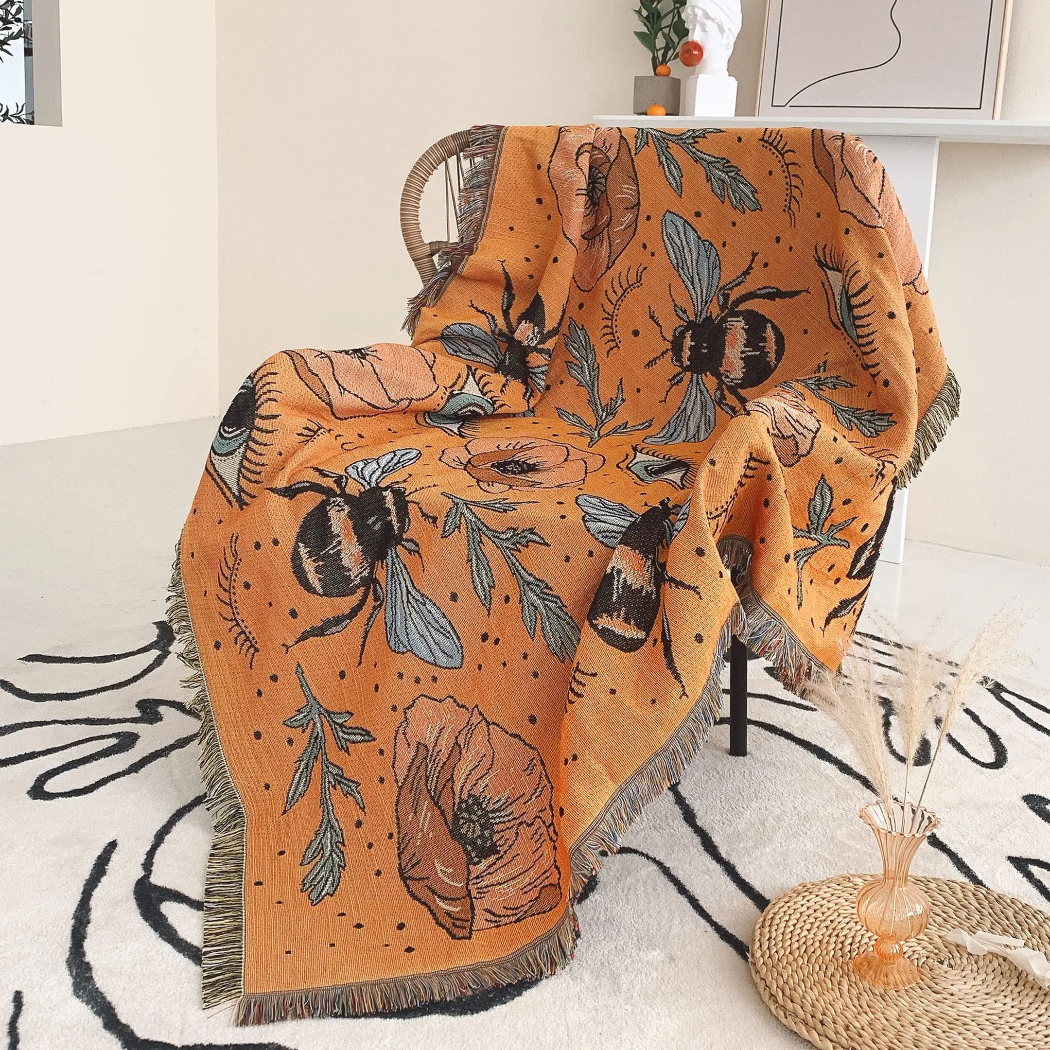 Bee & Flower & Eye Pattern Throw Blanket, 1 Count Reversible Bohemian Throw, Bedroom Accessories, Double Sided Soft Blanket for Sofa Bed Couch, Christ