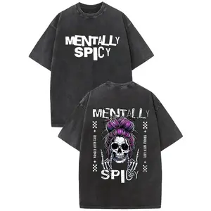 Mentally Spicy Washed Cotton T-Shirt, Skeleton Messy Bun Graphic Tee, Funny Sarcastic Casual Shirt for Women, Gothic Lovers