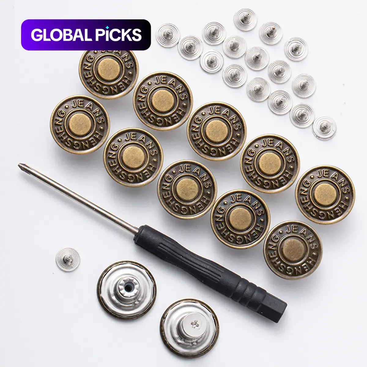 20pcs Adjustable Metal Jean Snap Tacks, 17 mm No-Sew Nail-Less Removable Jeans Button Replacement Repair Kit with Thread Rivets, Button Parts, Button Closure #GLOBAL PICKS
