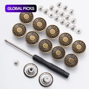 20pcs Adjustable Metal Jean Snap Tacks, 17mm No-Sew Nail-Less Removable Jeans Buttons Replacement Repair Kit with Thread Rivets, Button Closure
