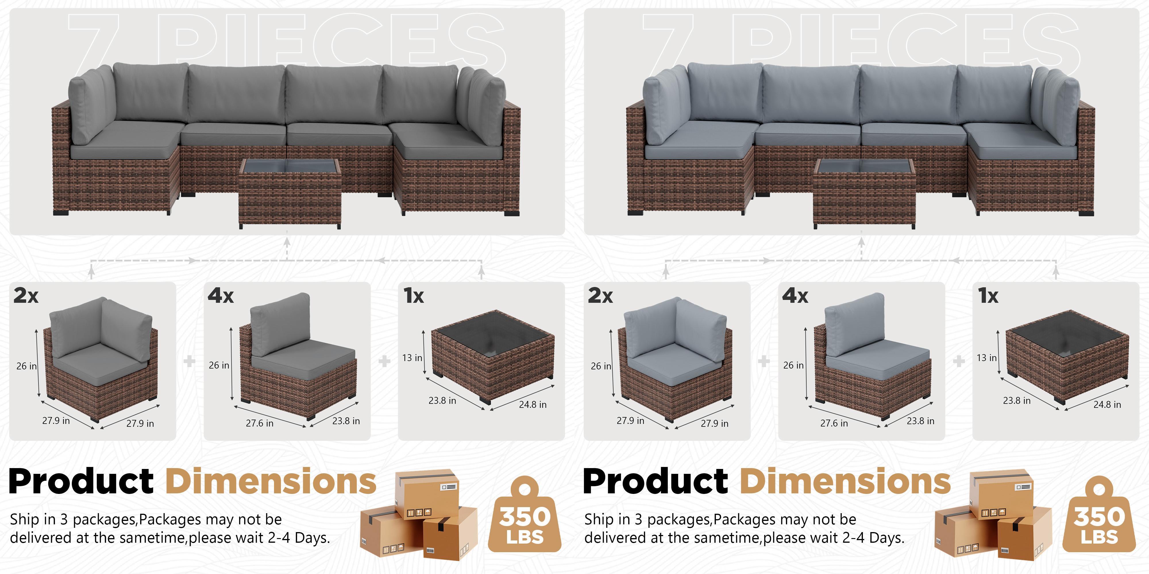 7 Pieces Sofa Modular Patio Wicker Sofa Set - Easy-to-Assemble All-Weather Couch with Comfortable Cushions & Glass Coffee Table, Ideal for Outdoor Relaxation & Entertaining Summervibes