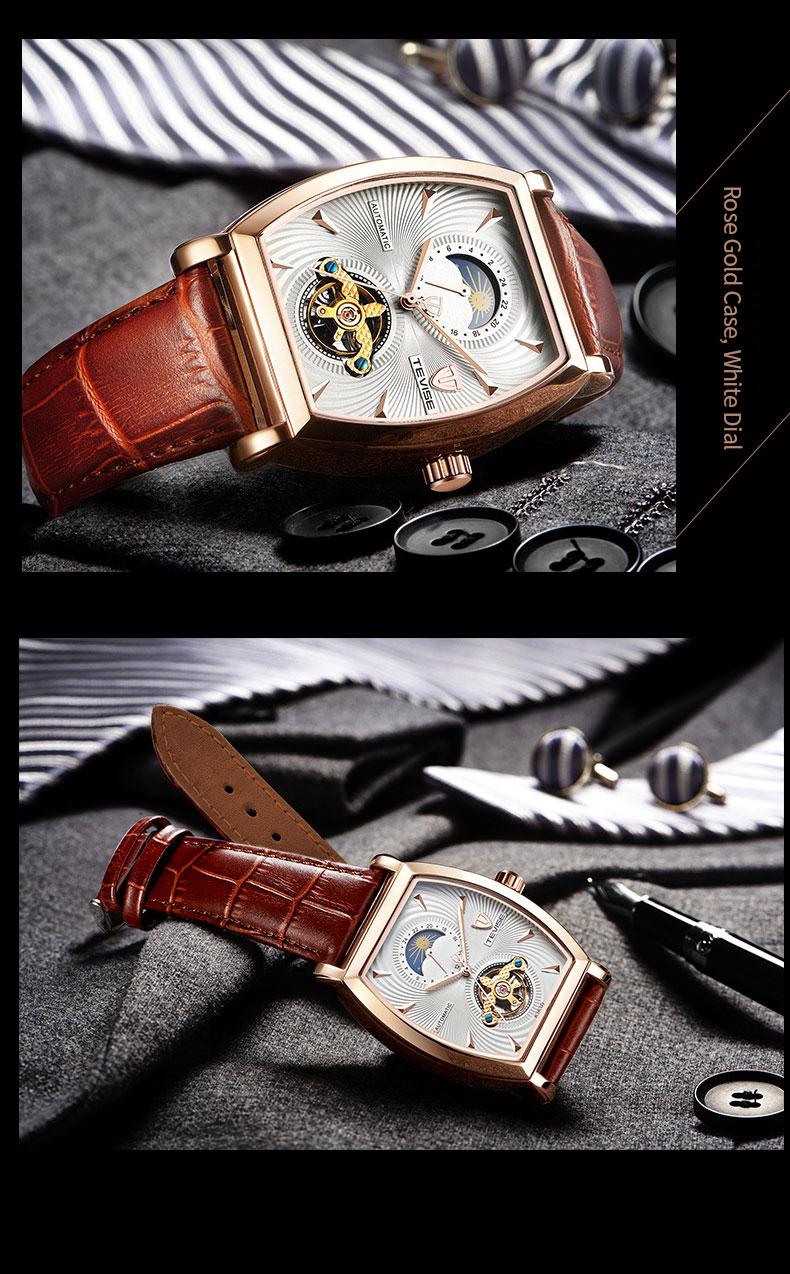 Luxury Men's Mechanical Watch, Tonneau Case, Moon Phase Dial, Genuine Leather Business Watch