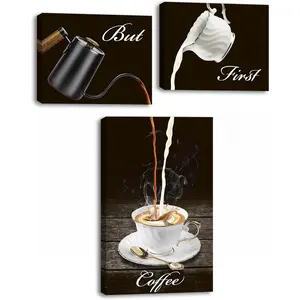 Kitchen Wall Art Coffee Decor Canvas Prints But First Coffee Bar Sign Cafe Drinking Pictures 3 Panel Modern Artwork for Dining Room Restaurant Decorations Framed Ready to Hang