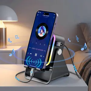 5-in-1 LED Speaker Stand with Wireless Induction Audio, 360° Adjustable Cellphone/Tablet Holder, Bluetooth Connection, Colorful Ambient Light, Rechargeable Gift for Men and Women