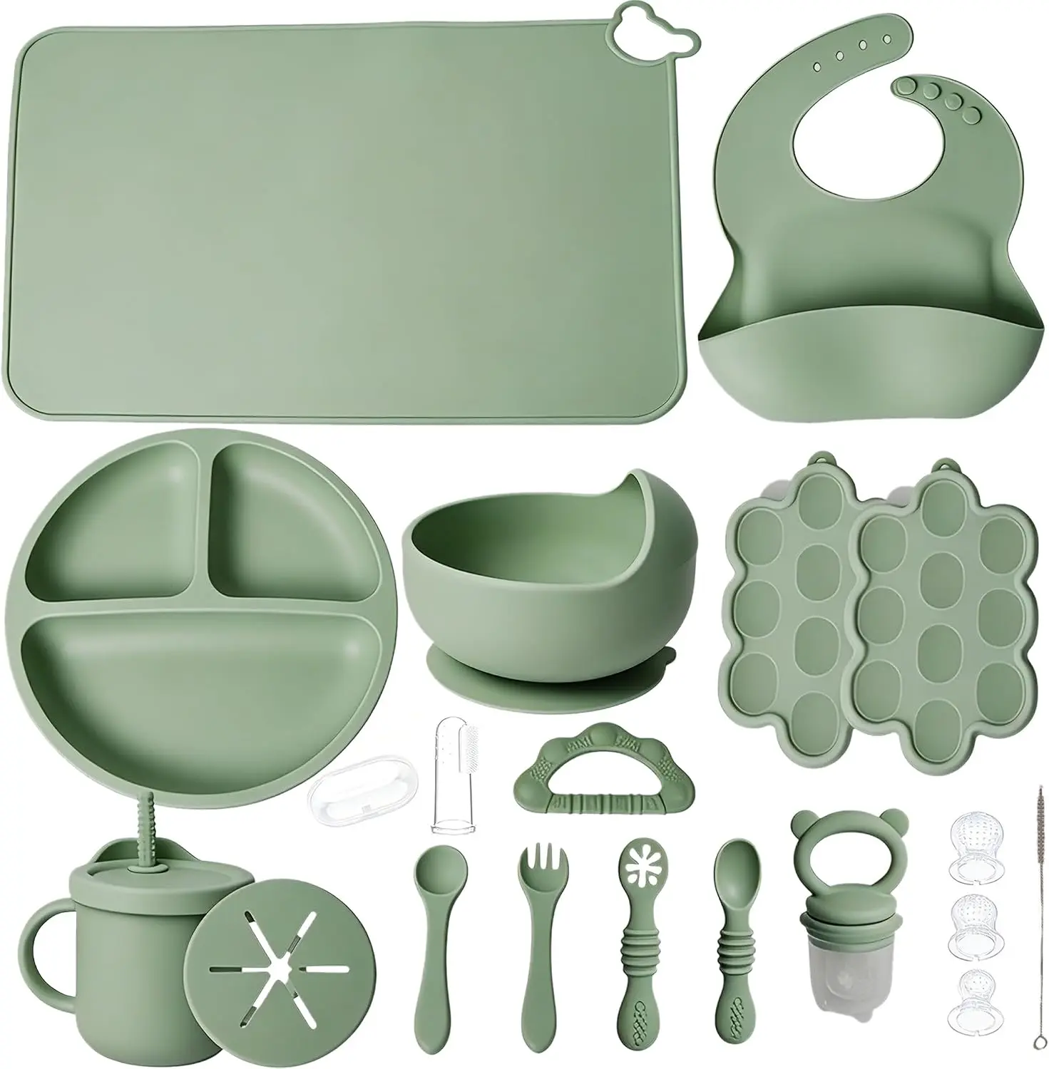 19 Pcs Silicone Baby Feeding Set Eating Essentials for Newborn | Toddler Plates and Bowls Set with Bib Sippy Cup Fruit Feeder Freezer Tray Fork & Spoon Infant Led Weaning Supplies Utensils