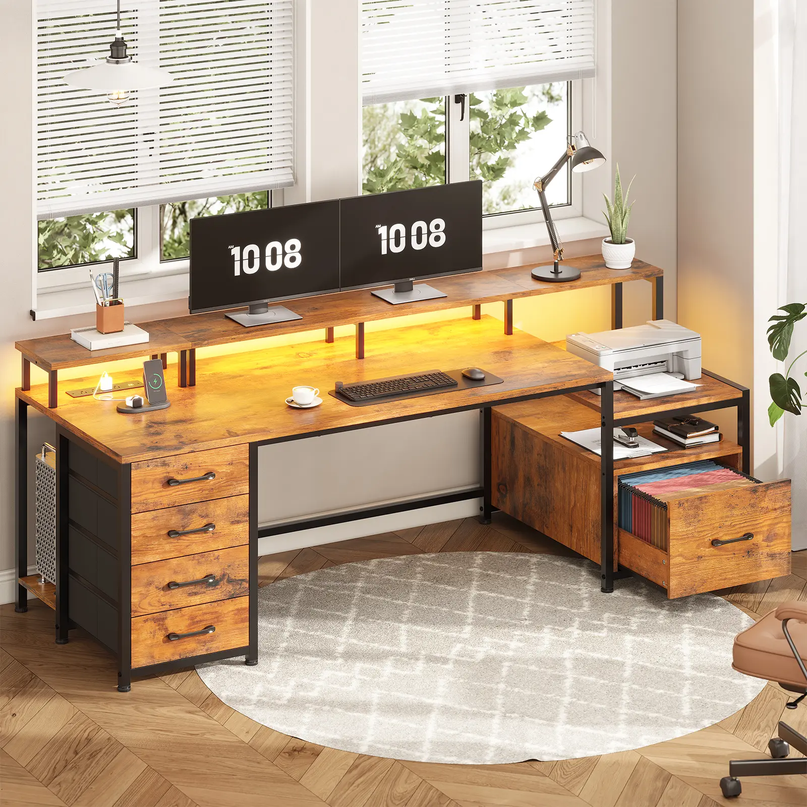 Sedeta 75-Inch Modern Style Heavy Duty Wood Desk - Ergonomic Drawers Desk for Gaming, Home Office Workstation with Built-In Outlets, LED Lights, 5 Drawers, Dual Monitor Setup Compatible, Drawers Desks