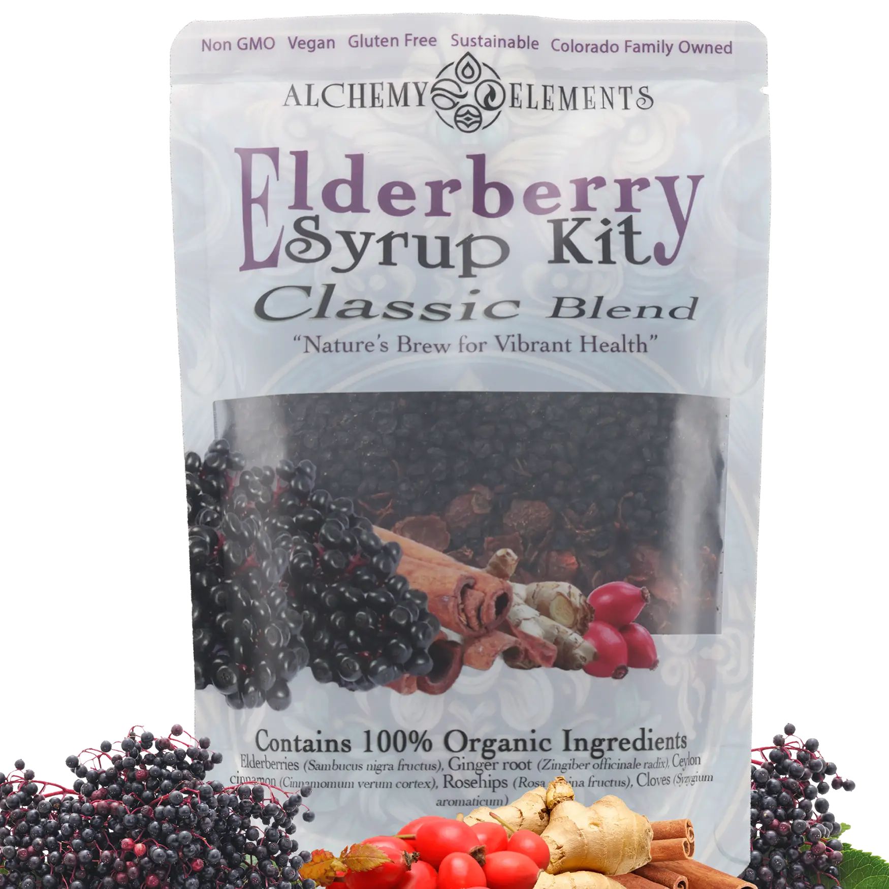Organic Elderberry Syrup Classic Brew kit by Alchemy Elements 4oz bag makes one quart Beverage Naturals Tea