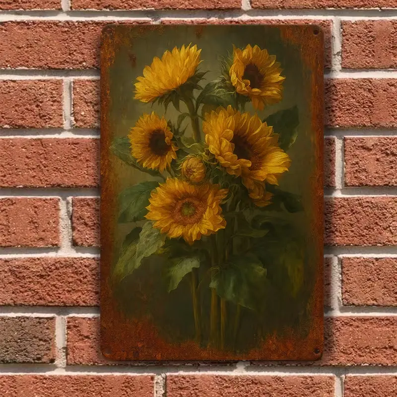 Retro American Vintage Rustic Sunflower Metal Tin Sign Decoration - Antique Oil Painting Style, Distressed Rusted Border Wall Plaque, Farmhouse Country Flowers Home Decor, 8x12 in Waterproof Pre-Drilled Hanging Supplies for Kitchen Decor, Outdoors, Home S