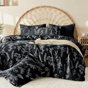 JOLLYVOGUE Duvet Cover Queen Size, Reversible Floral Black Duvet Cover Set with Zipper Closure, 3 Pieces Botanical Patterns Soft Microfiber Bedding Set with 4 Ties (90"x90", 2 Pillow Cases)