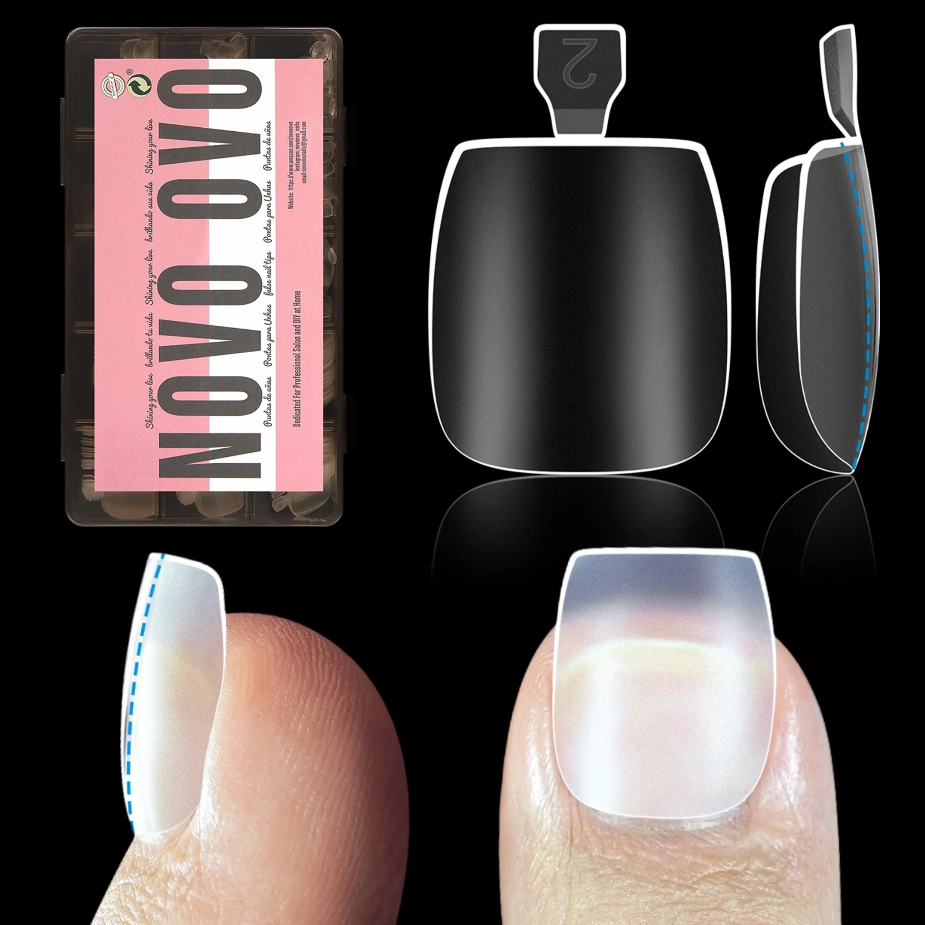 NOVO OVO Taper Square Toe Nail Tips Long Thick Press on, Extra Wide Soak off Soft Gel False Toenail Extension, Clear Matte Pre-applied Tip Primer & Base Coat, Full Cover Acrylic DIY 15 Sizes 240 pcs Clear Square