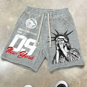 New York 09 Statue of Liberty Print Gray Sweat Shorts with Drawstring and Pockets