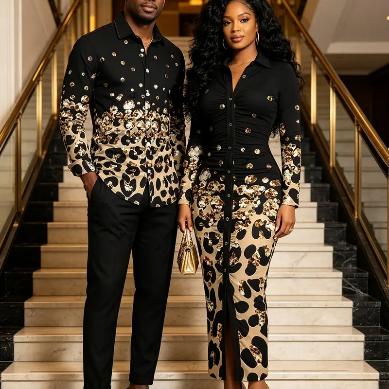 Leopard Print Panel Turn Down Collar Ruched Bodycon Shirt Dress and Long Sleeve Shirt Vintage Couple Outfit