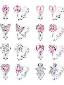 8 Pairs Pink Non-Pierced Earring Multipack for Women Men Collection of Copper Clip-on Designs with Zirconia Round Heart Butterfly Flower Turtle Styles All with Sparkling Pink Zirconia for Cute Feminine Look