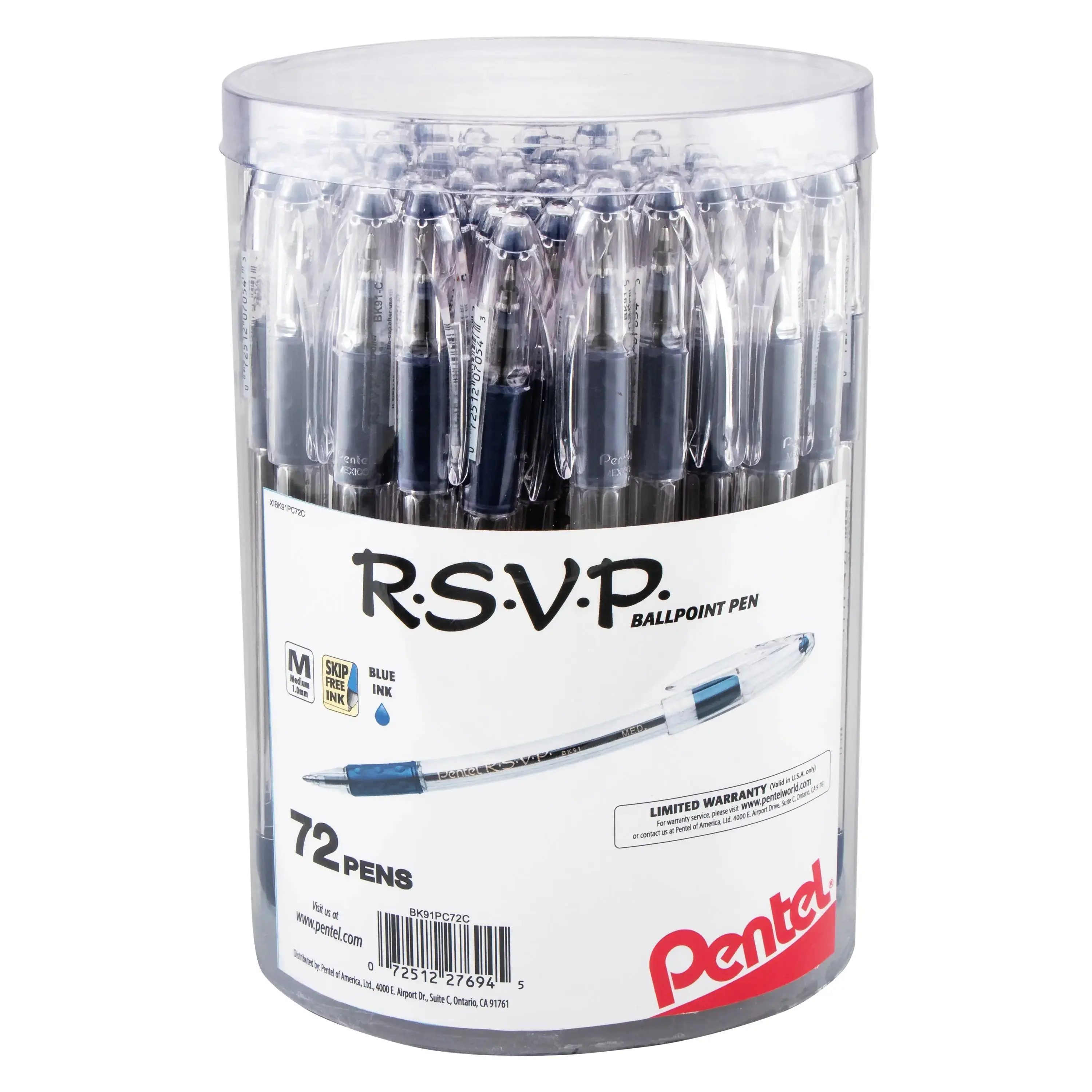 Pentel RSVP Ballpen Set - 1.0mm Medium Line, 0.7mm Fine Line, Blue Ink, 72-Pack Canister, Capped, Eco-Friendly, Durable Stainless Steel Tip, Refillable, Skip-Free Smooth Writing, Eliminates Hand Fatigue, for Office Stationery & Journaling, Smooth Writing