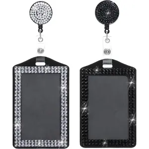 2 count Bling ID Badge Holder, Vertical Badge Holder Retractable   Lanyard Rhinestone Name Badges Portable Rhinestone Work Badges Reel Clip for Office Business  Black White