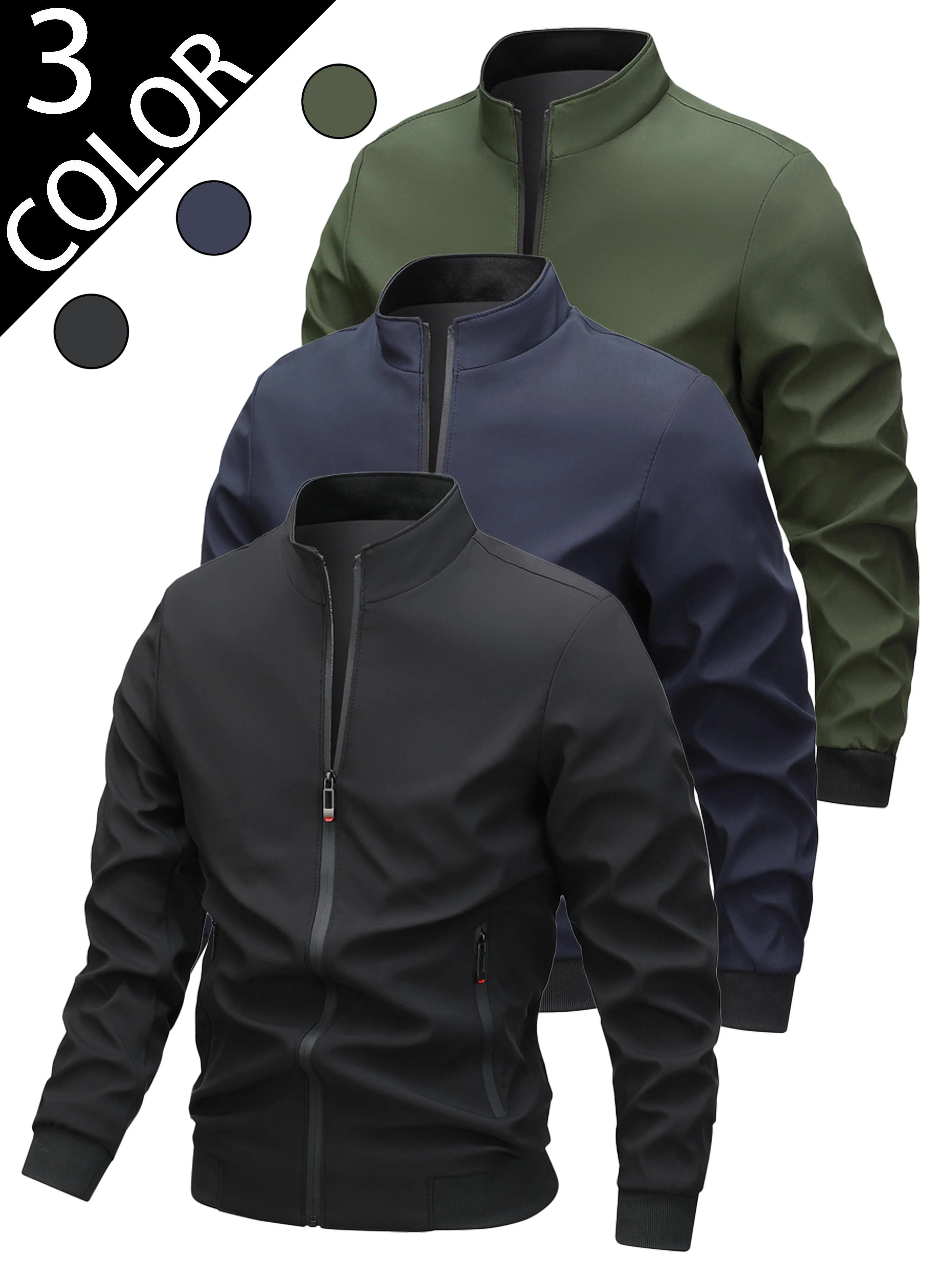 Men's Korean Style Stand-Up Neck Jacket, Lightweight Casual Outerwear with Plain Texture and Excellent Drape, Lightweight Jacket, Textured, Classic