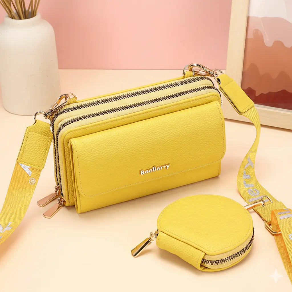 BAELLERRY Women's Plain Adjustable Crossbody Shoulder 2-in-1 Convertible Korean Style PU Leather Wallet Set - Compact Multi-Pocket Multi-Function Double Zipper Casual Fashion Bag with Coin Pouch, Casual Zipper Purse, Detachable Coin Pouch