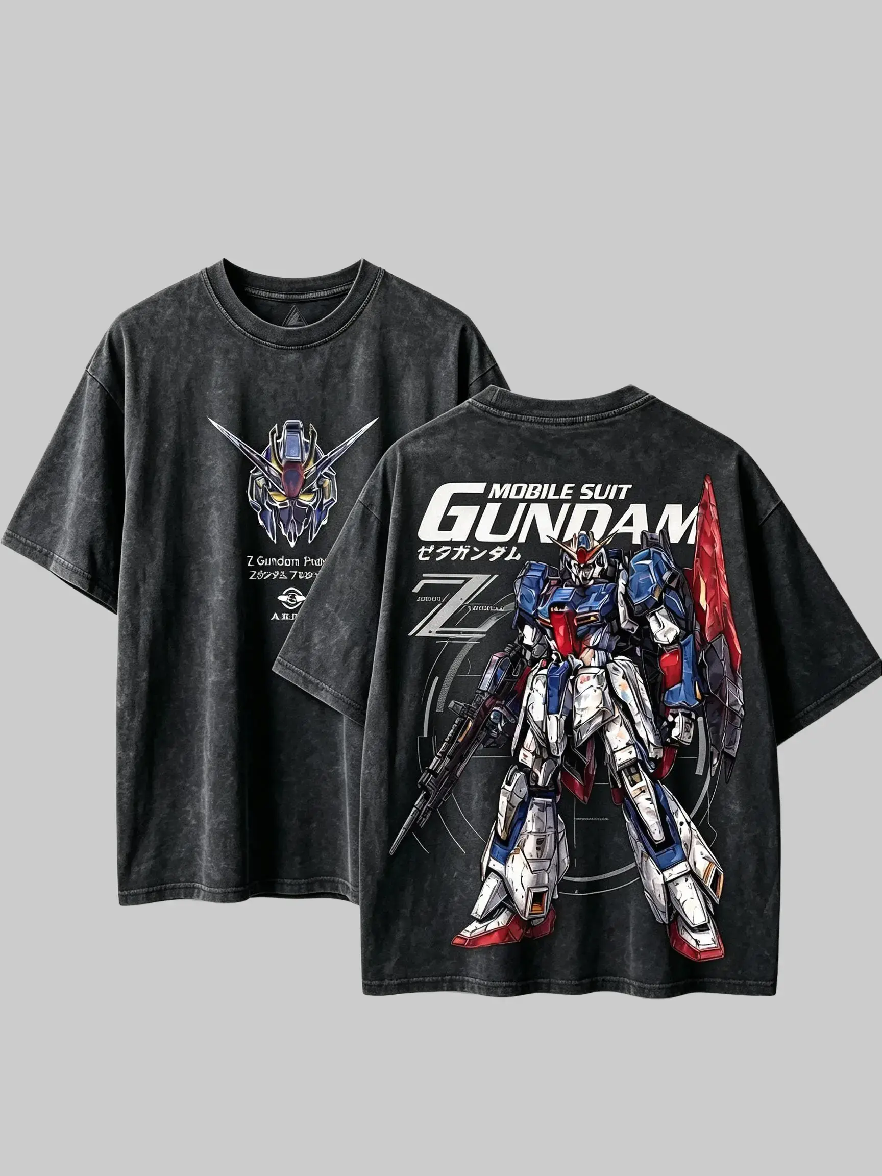 Unisex Graphic T-Shirt, Vintage Washed Heavy Cotton Tops with Retro Japanese Streetwear Mecha Print, Oversized Fit, Cold Machine Wash, S, 2Xl, Cold Wash