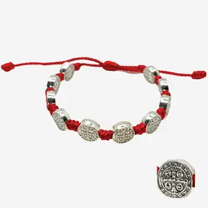 St. Benedict 10 Medal Bracelet Red Corded Design Oxidized Silver Components Adjustable Size